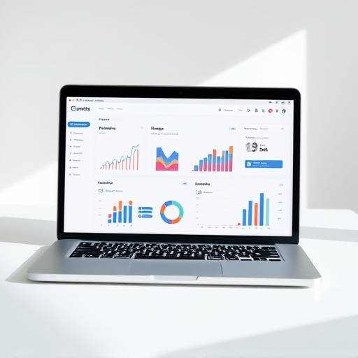 Ein Laptop zeigt eine Social-Media-Oberfläche mit verschiedenen Beiträgen und Analysen.