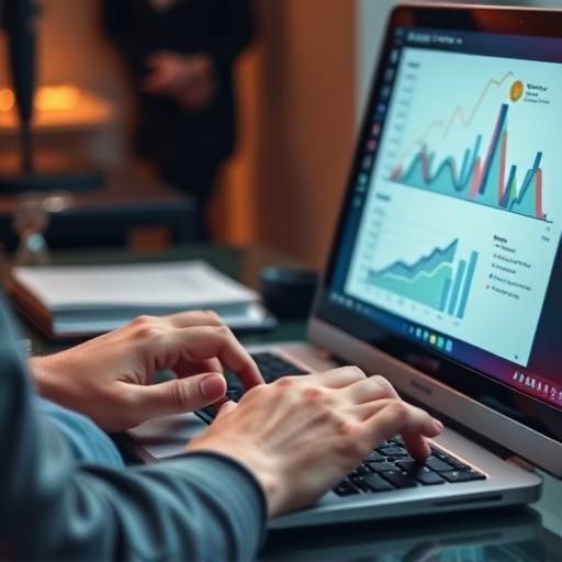 Eine Person tippt auf einer Tastatur, während ein Bildschirm Content-Marketing-Grafiken und Analysen anzeigt.