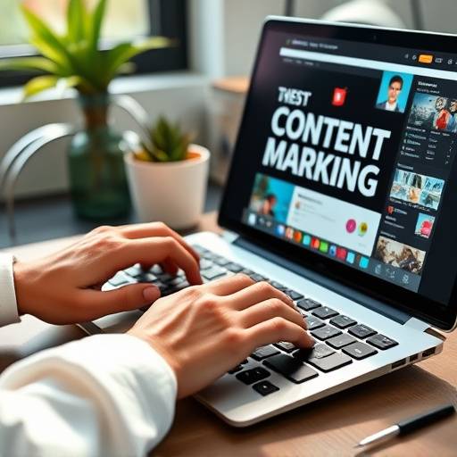 Person tippt auf einer Tastatur vor einem Bildschirm mit Content-Marketing-Grafiken.